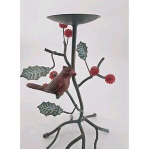 Vintage Bronze Patina Metal Candleholder Pillar Cardinal Bird on Branch
